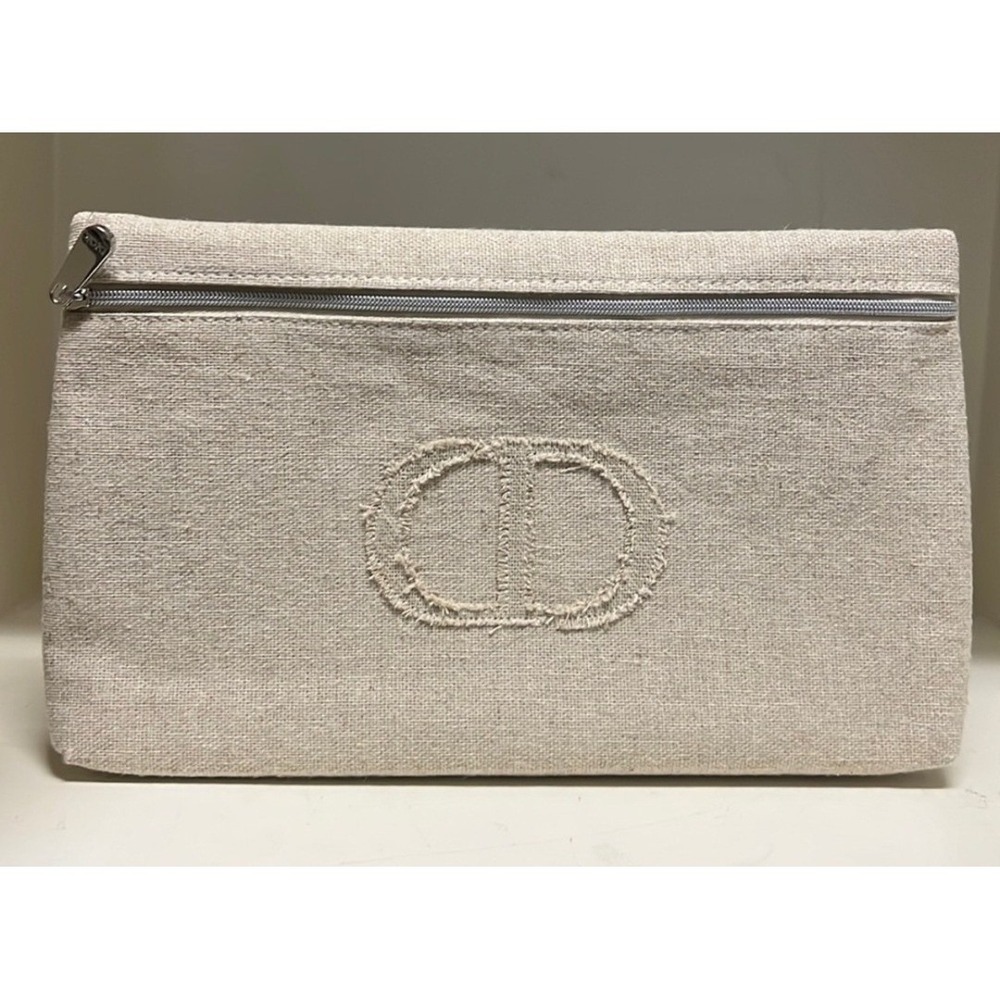 New Dior Beauty Cosmetic Pouch Women Beige Canvas Frayed CD Logo Zip Clutch‎
